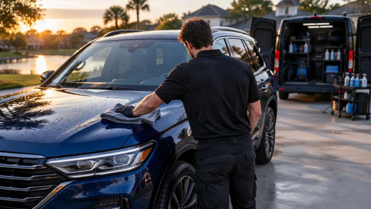 Detailer finishing an exterior detail on a glossy vehicle in a driveway